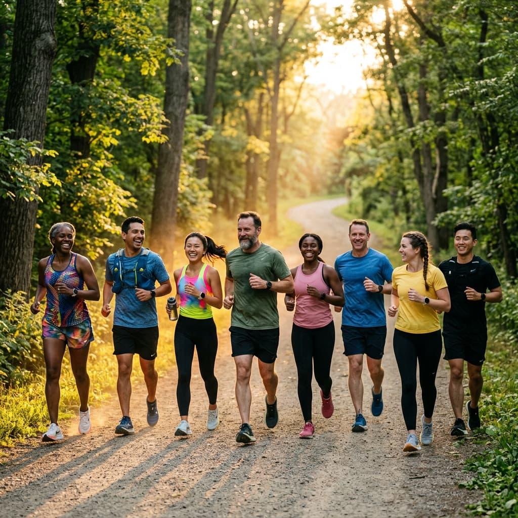 Group of runners on a sunlit trail