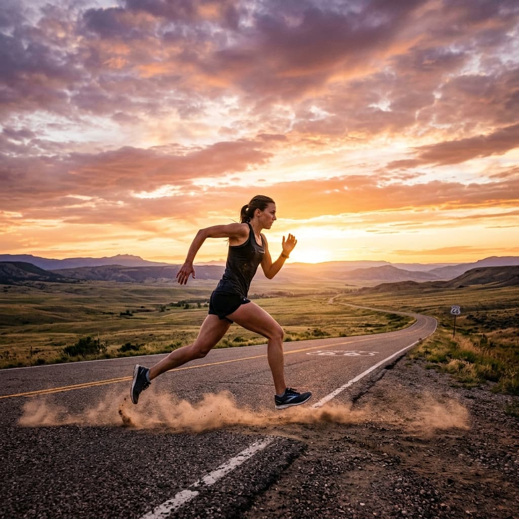 Runner on open road at sunset