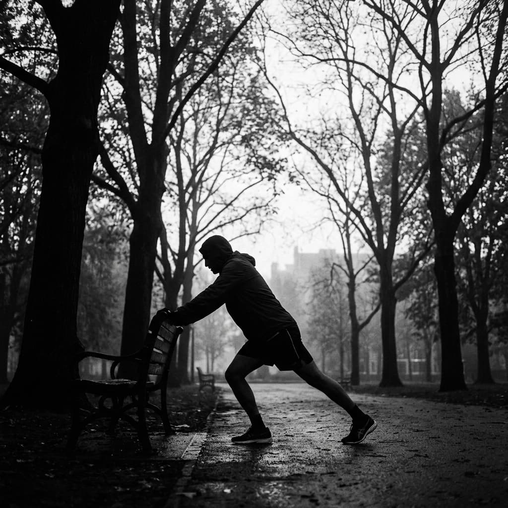 Runner stretching in misty park at dawn