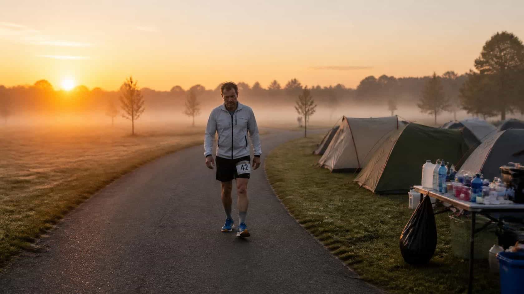 Runner walking a loop path at sunrise past race tents and an aid table