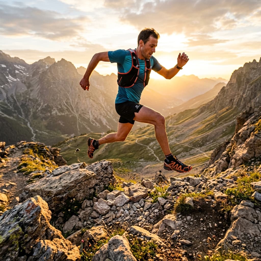 Trail runner leaping across mountain rocks at sunset
